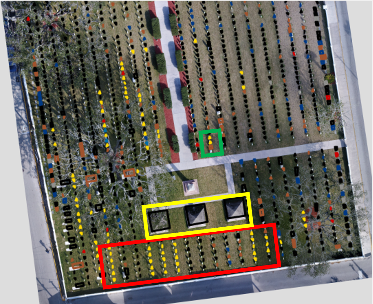 Annotated aerial map of St. Augustine National Cemetery with color-coded burial markers
