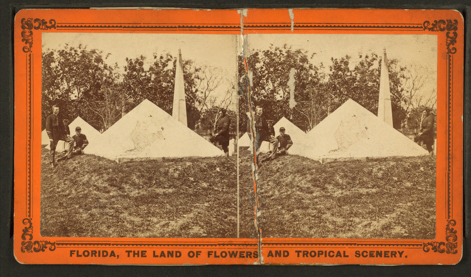 Stereoscopic view of the Pyramids of Major Dade and obelisk at St. Augustine National Cemetery, from the Robert N. Dennis collection